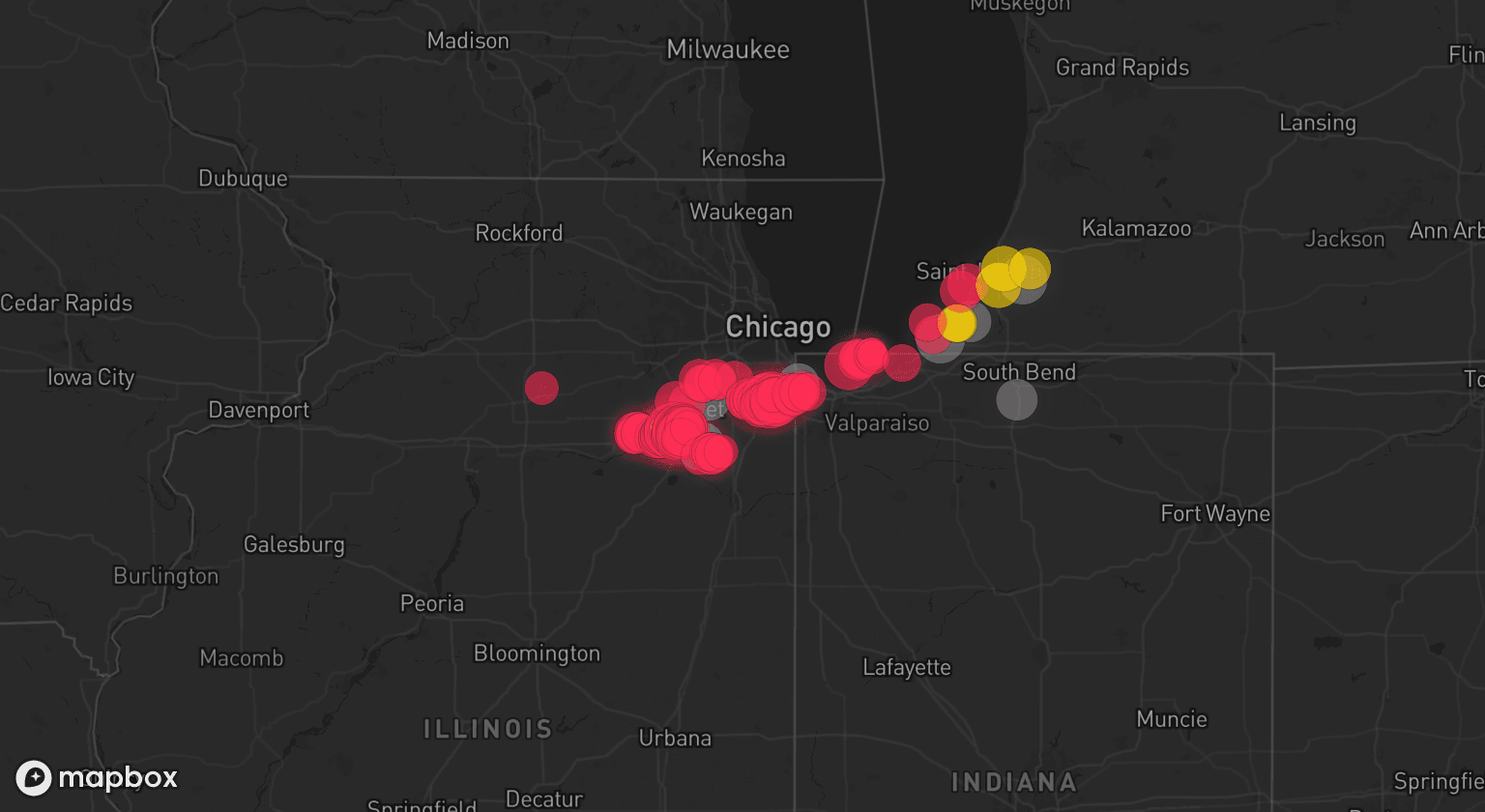 Storm map for 7 areas across Michigan, Illinois, and Indiana