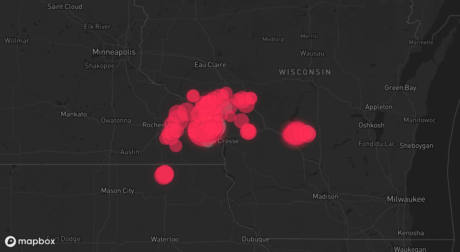 Storm map for 5 areas across Wisconsin and Minnesota