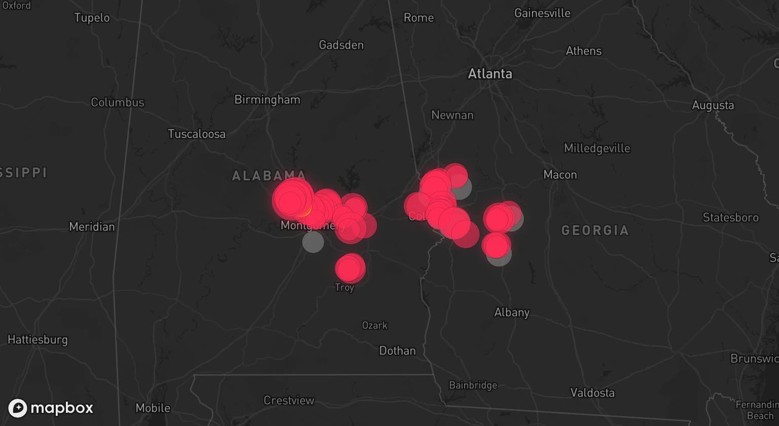 Storm map for 8 areas across Georgia and Alabama