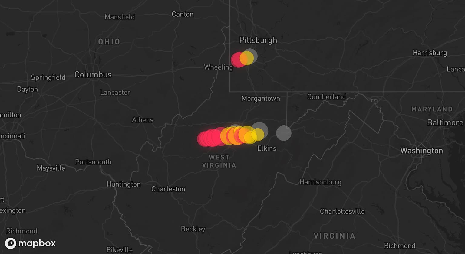 Storm map for 5 areas across West Virginia and Pennsylvania