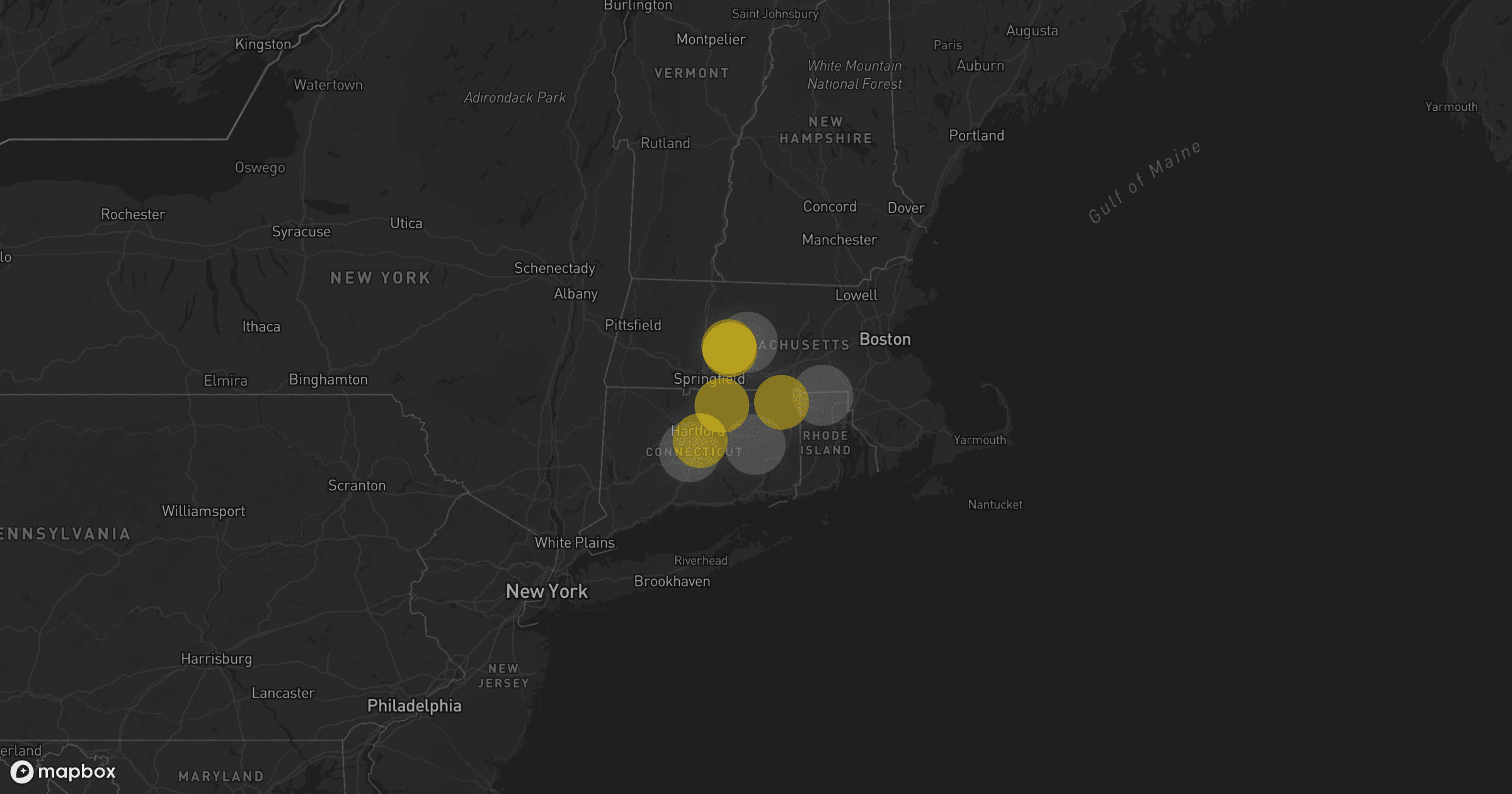 Storm map for 4 areas across Massachusetts, Connecticut, and Rhode Island