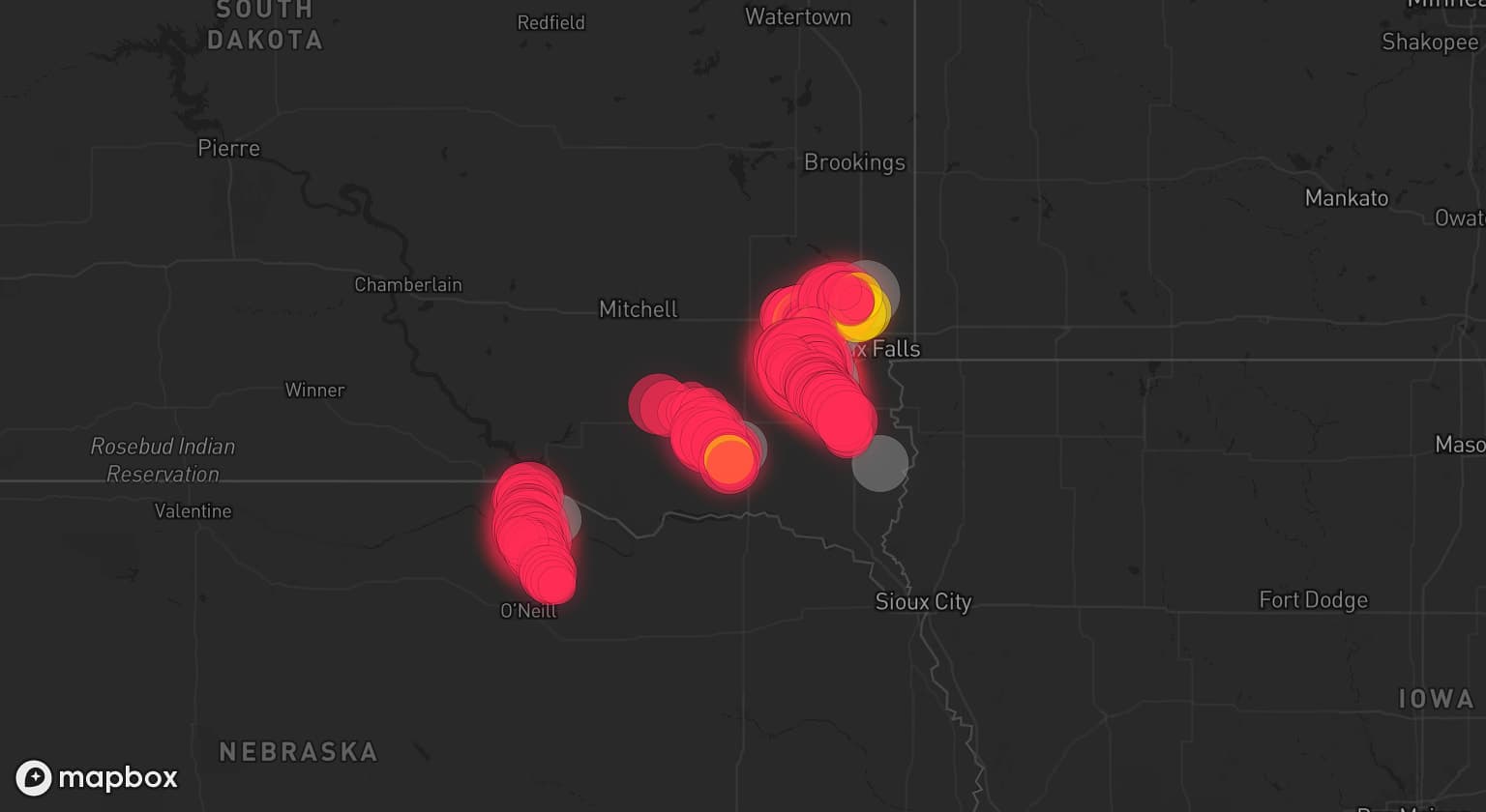 Storm map for 6 areas across South Dakota and Nebraska