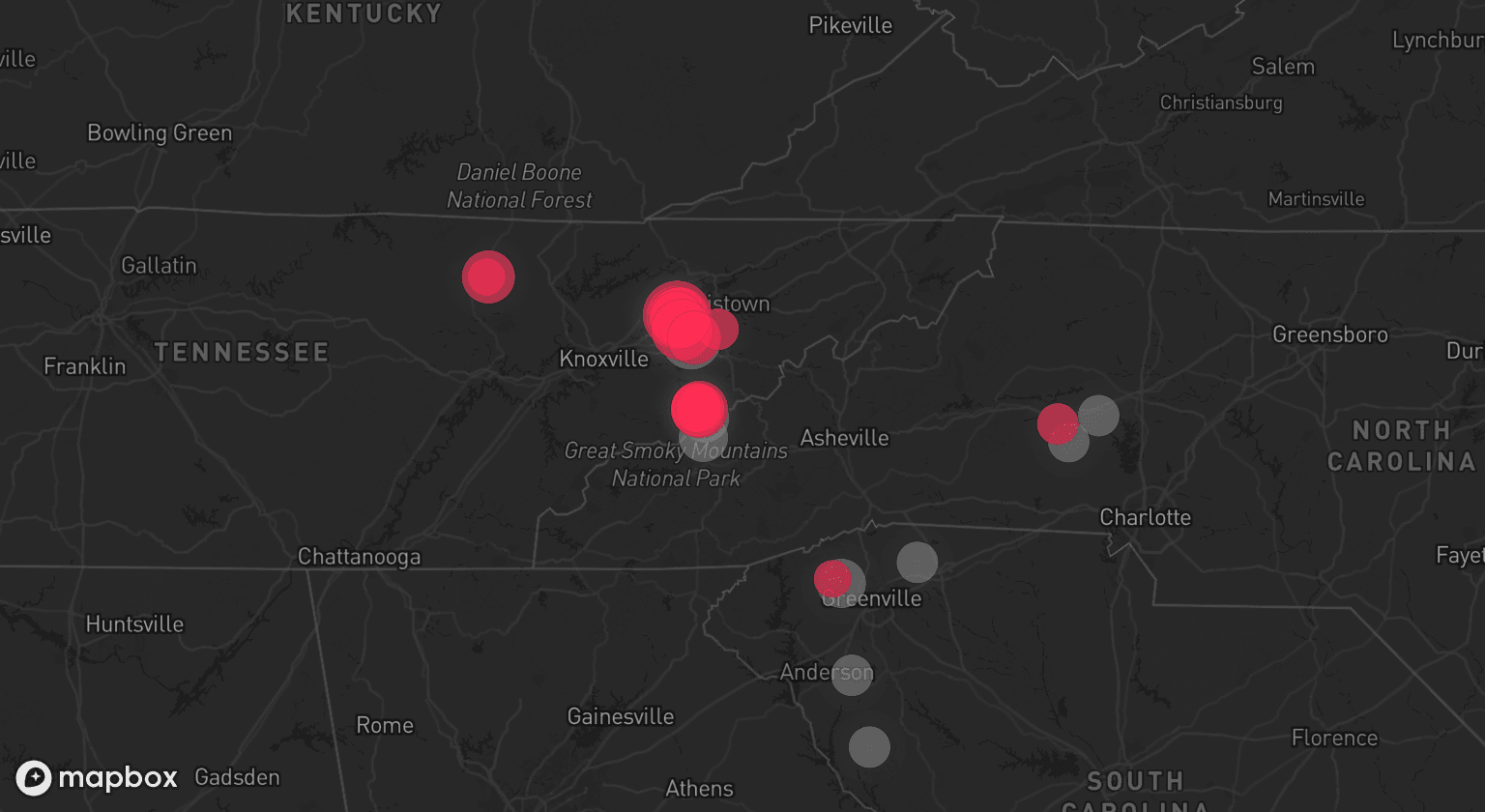 Storm map for 9 areas across Tennessee, North Carolina, and South Carolina