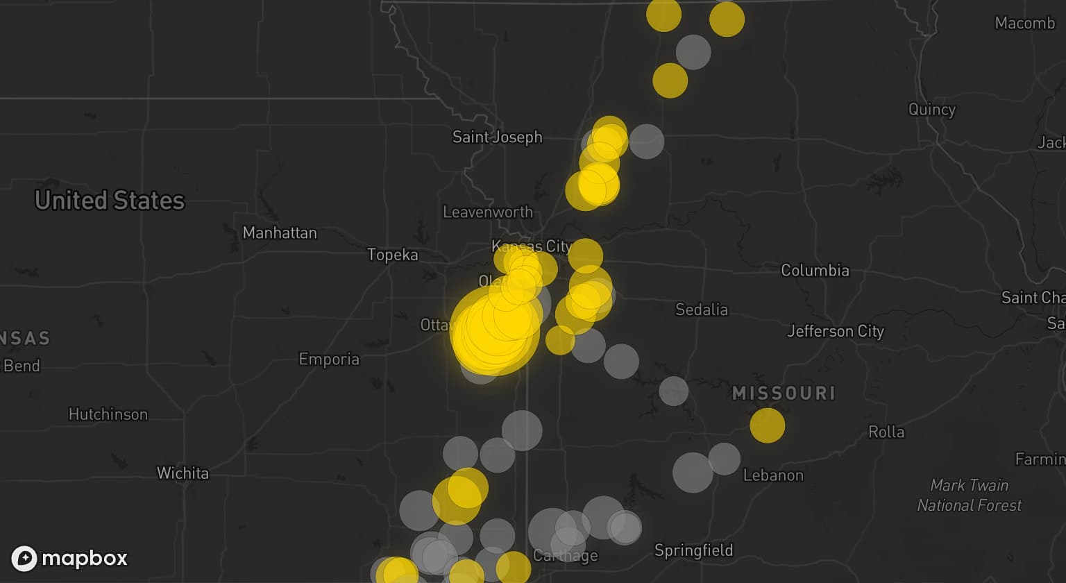 Storm map for 43 areas across Kansas, Oklahoma, Missouri, and Iowa