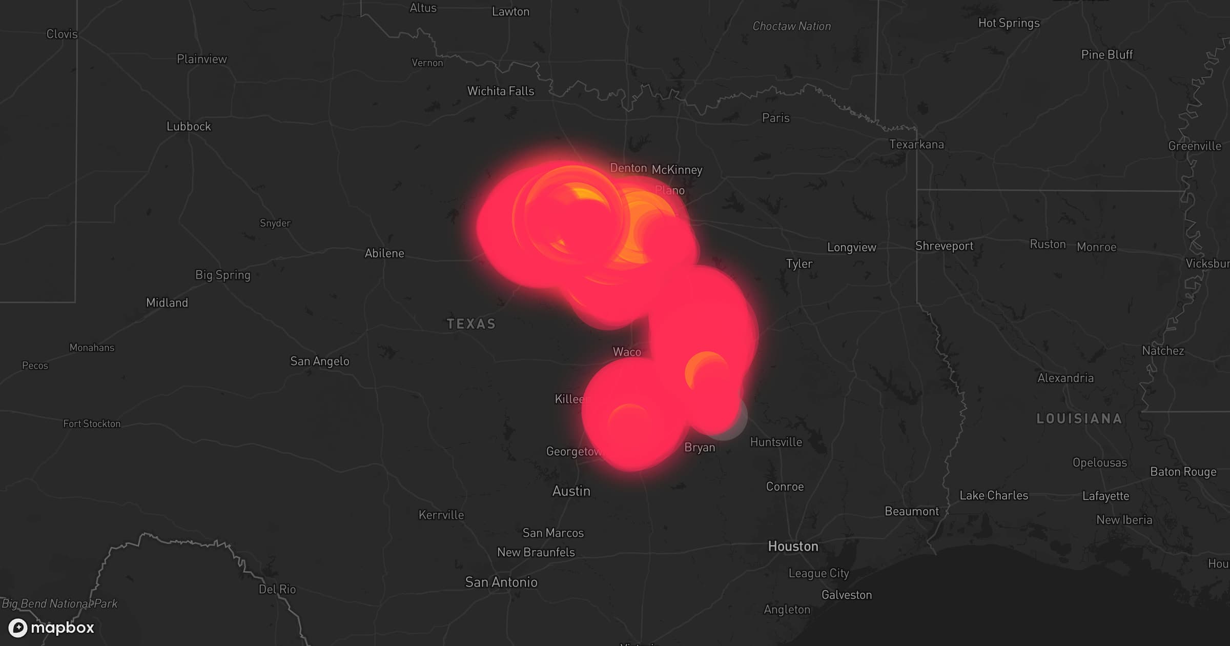 Storm map for 15 areas across Texas