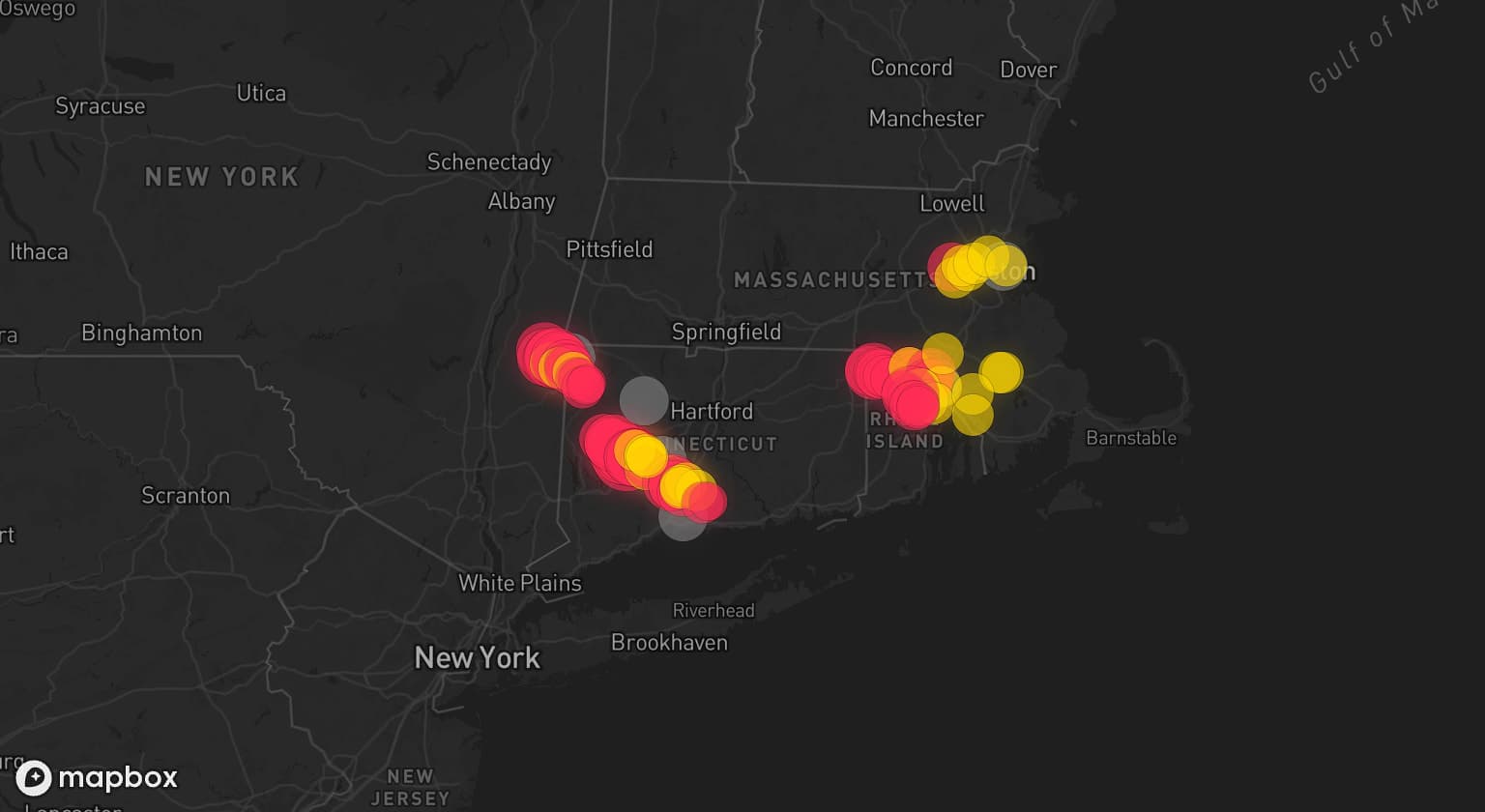 Storm map for 7 areas across Connecticut, Massachusetts, and Rhode Island