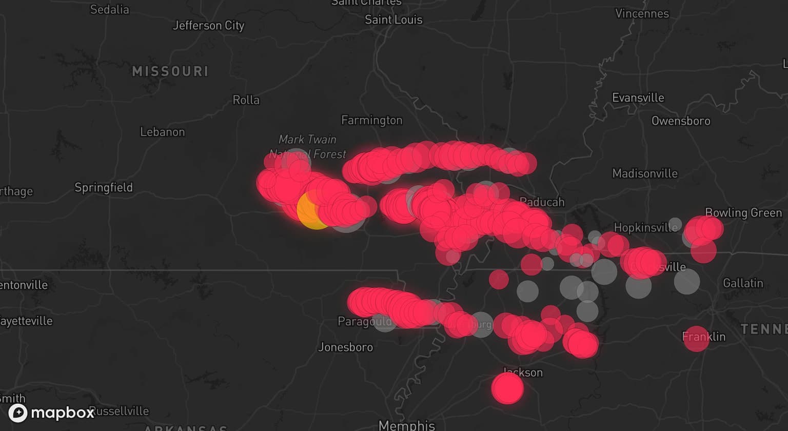 Storm map for 36 areas across Missouri, Illinois, Tennessee, and Kentucky