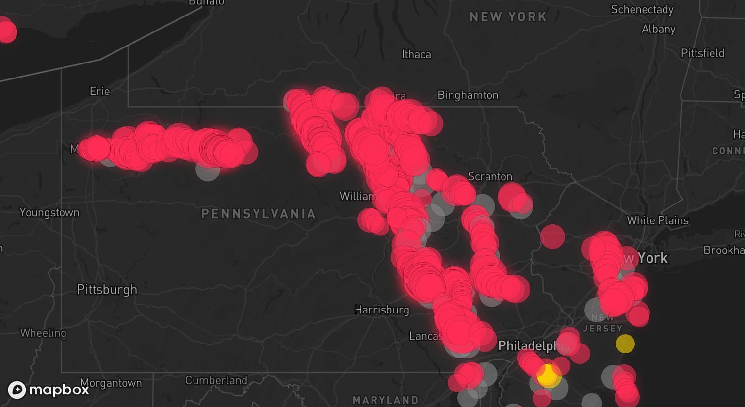 Storm map for 52 areas across Pennsylvania, New Jersey, New York, Delaware, and Maryland