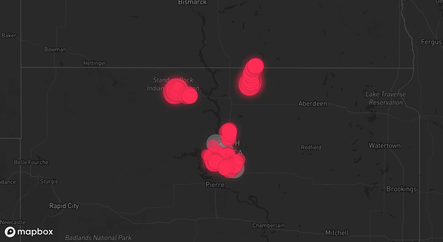 Storm map for 5 areas across South Dakota
