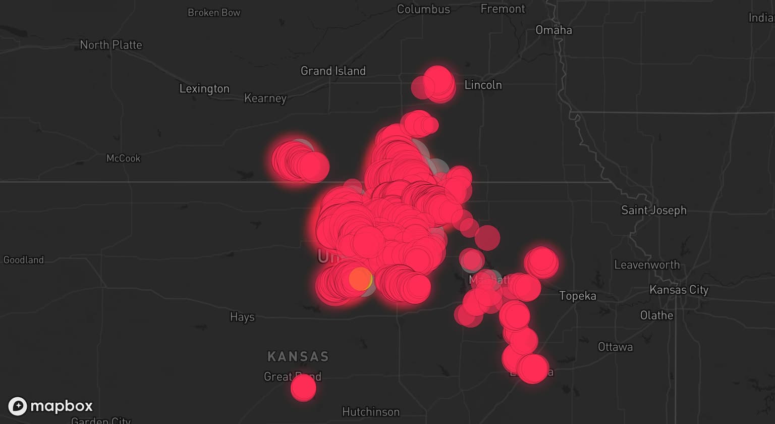 Storm map for 21 areas across Kansas and Nebraska