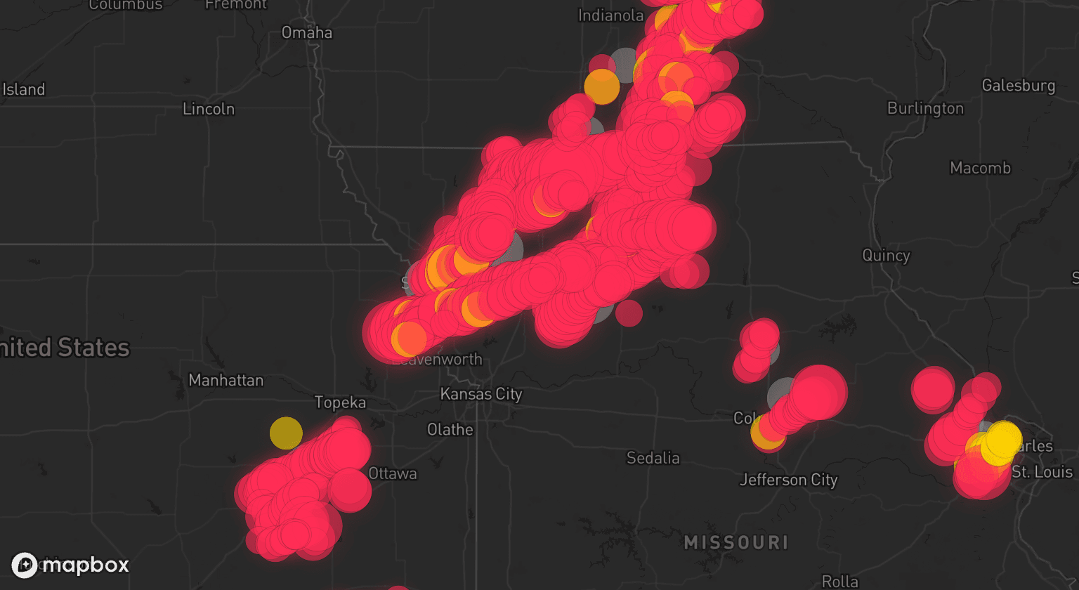 Storm map for 21 areas across Missouri, Kansas, and Iowa