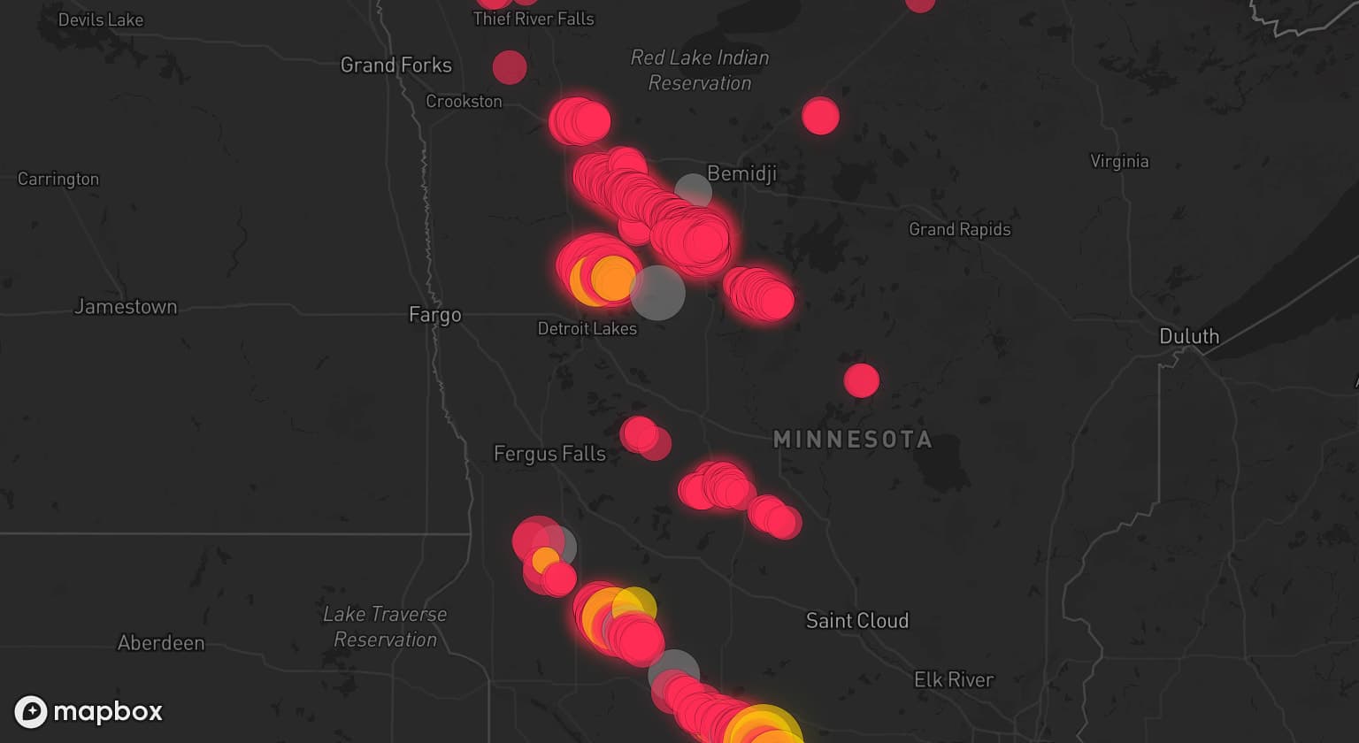 Storm map for 11 areas across Minnesota and Iowa