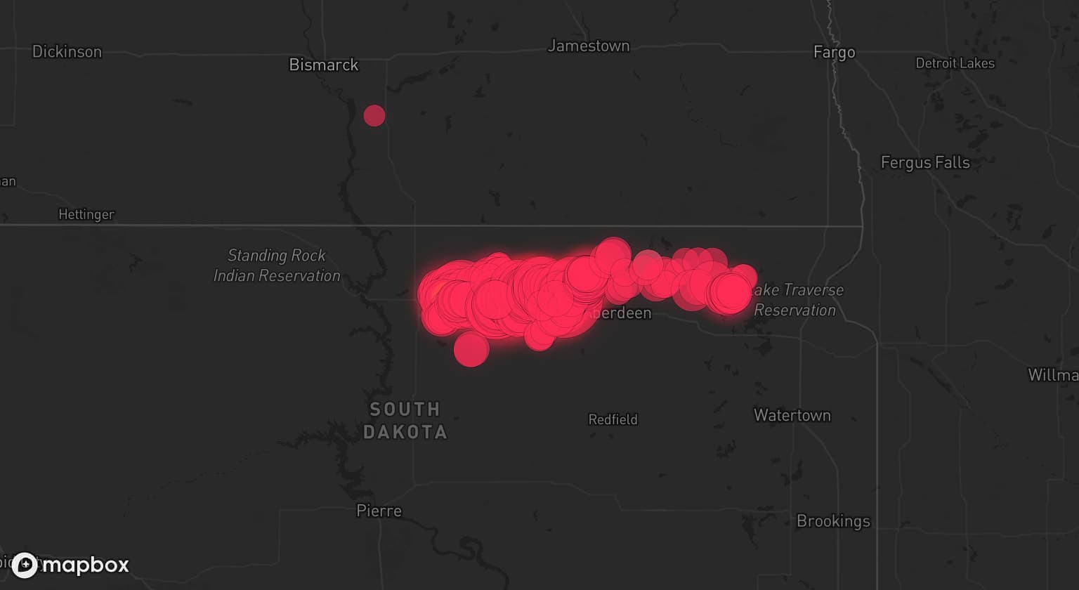 Storm map for 4 areas across South Dakota