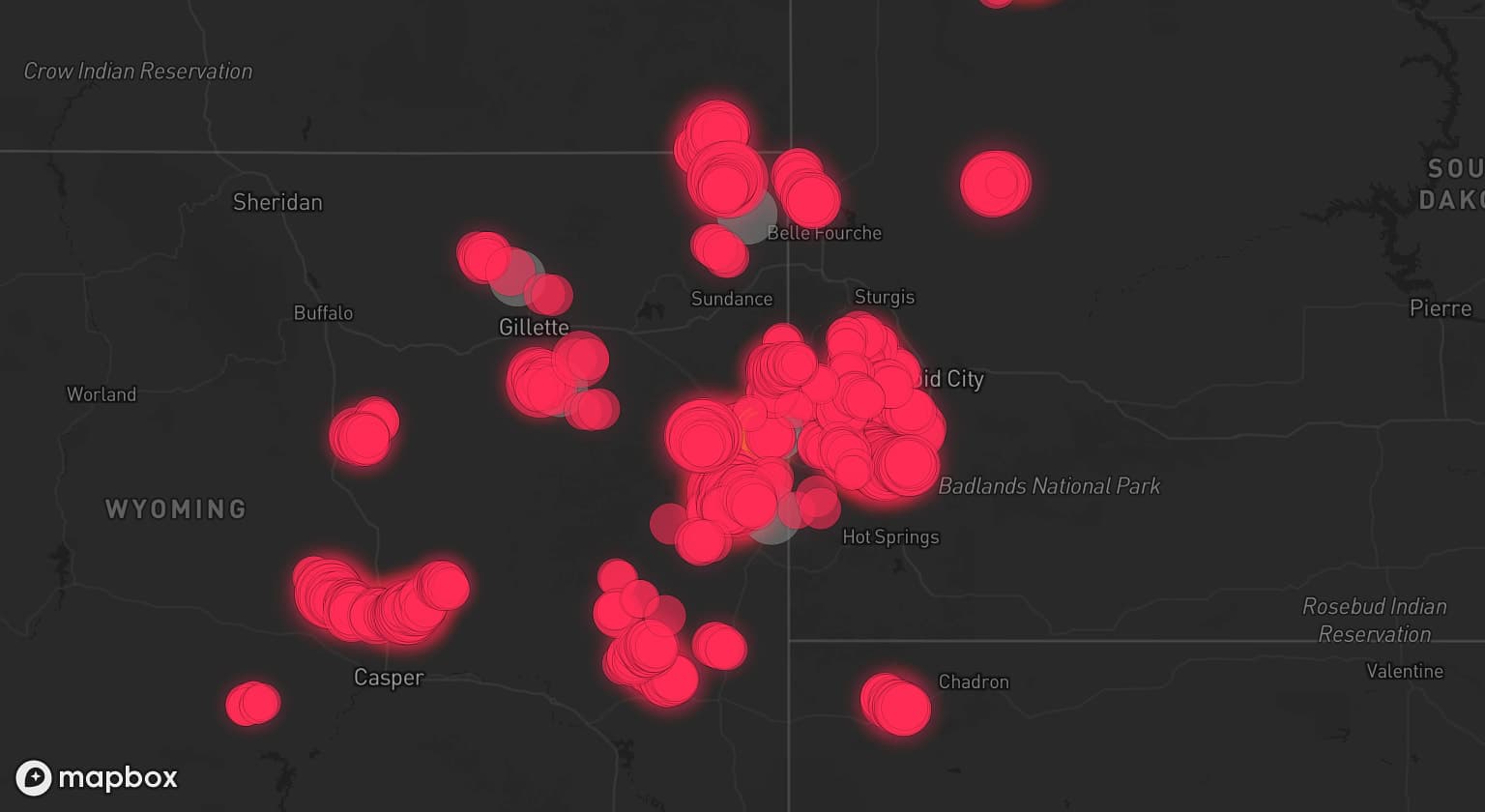 Storm map for 4 areas across South Dakota and Wyoming