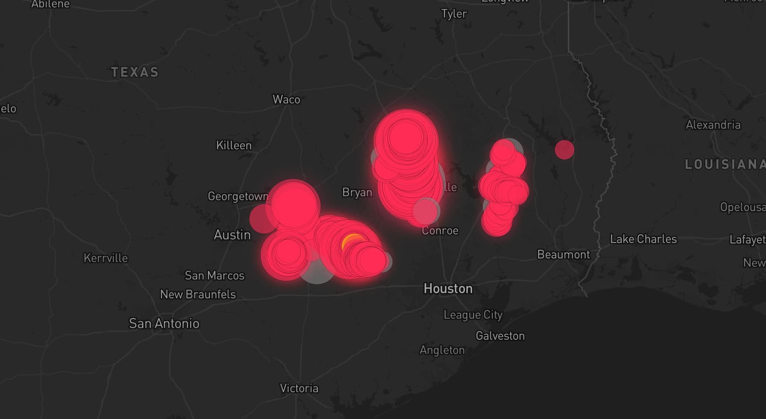 Storm map for 16 areas across Texas