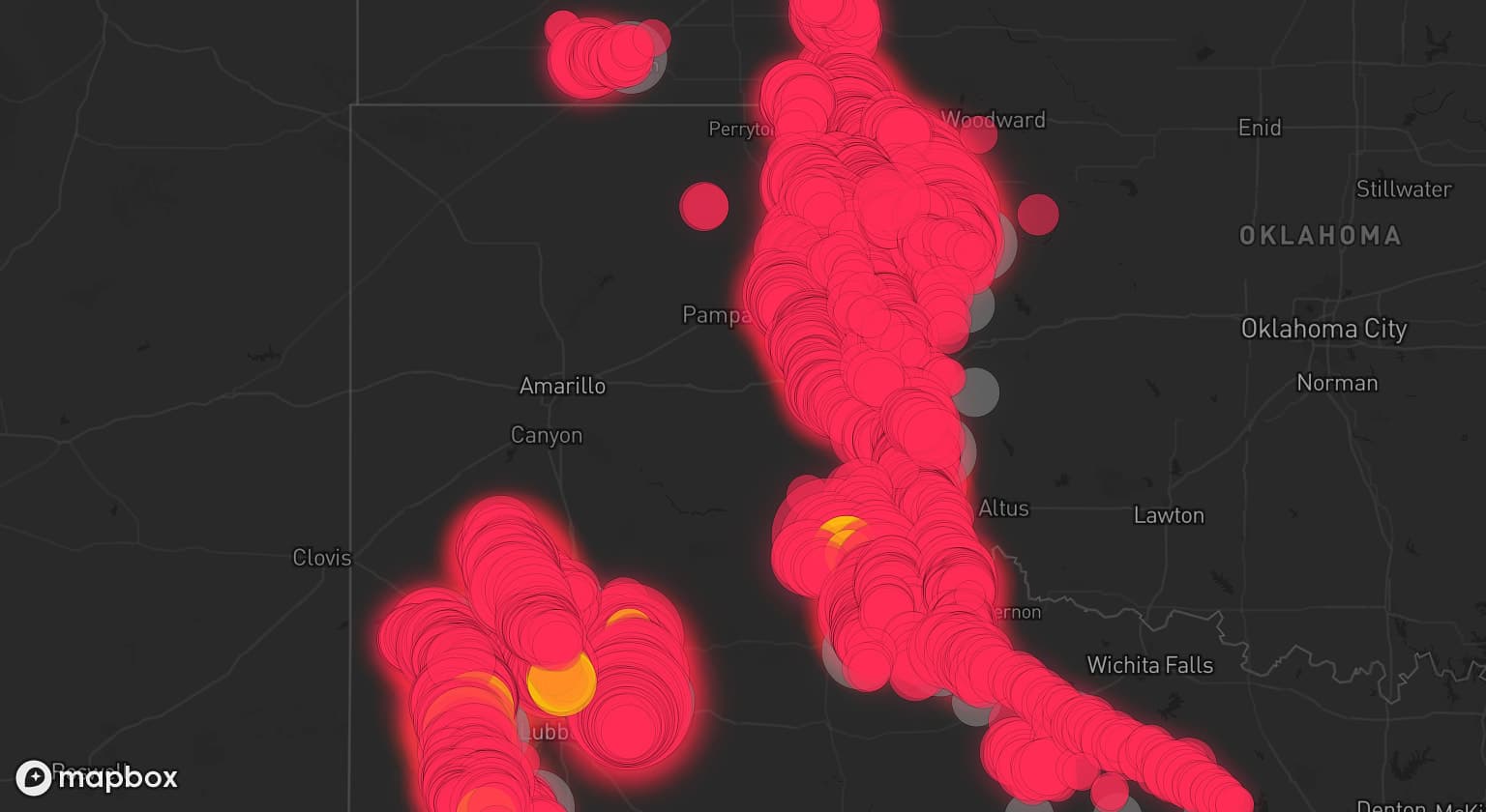 Storm map for 41 areas across Texas, Oklahoma, and Kansas