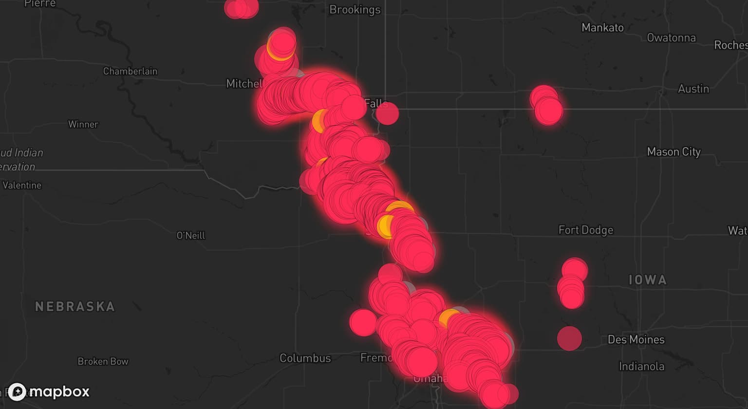 Storm map for 30 areas across South Dakota, Iowa, and Nebraska