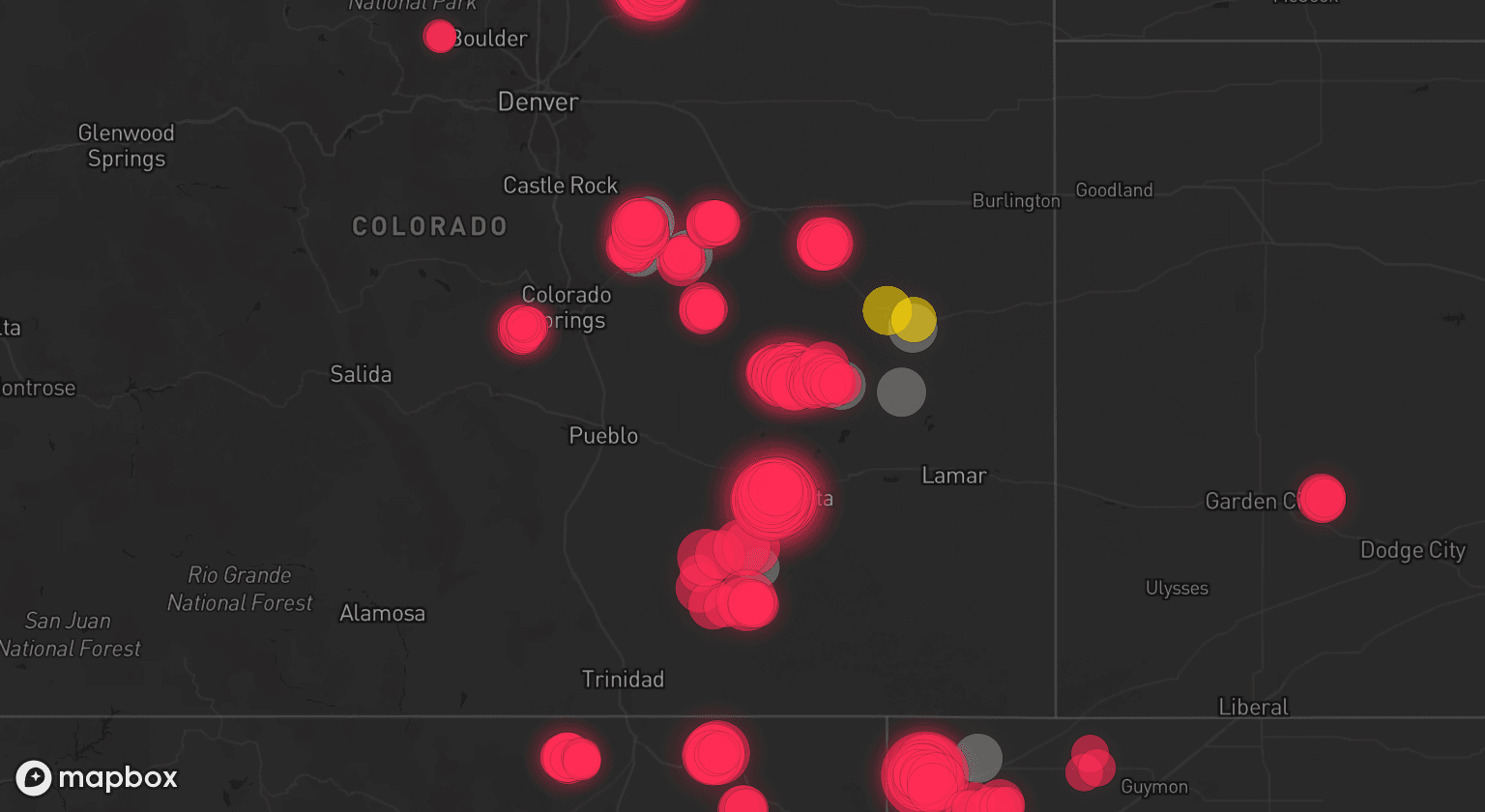 Storm map for 12 areas across Colorado and Oklahoma