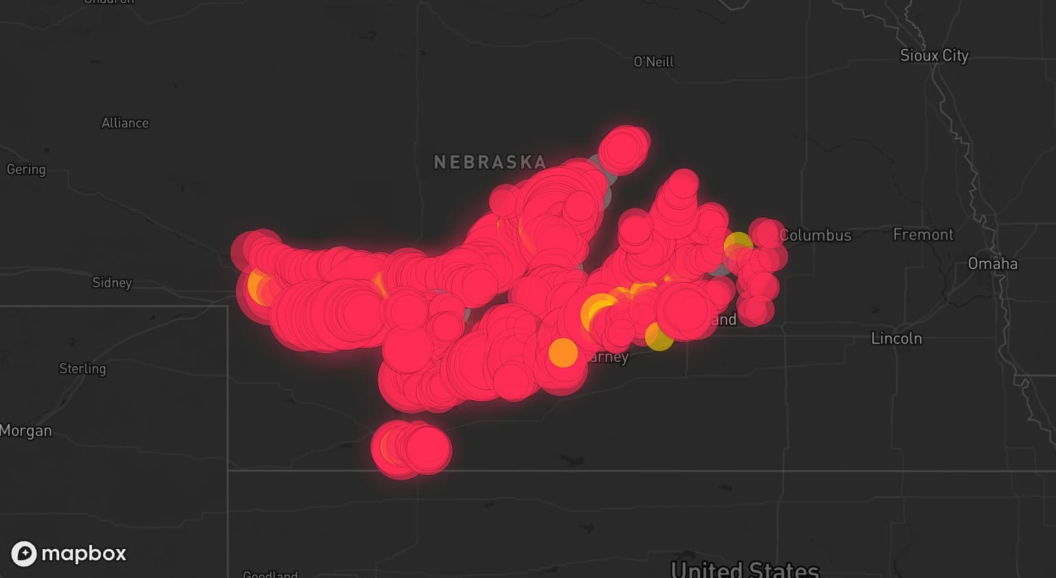 Storm map for 21 areas across Nebraska