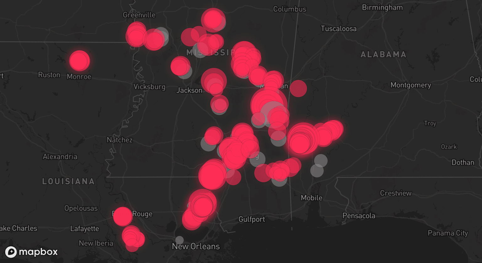 Storm map for 30 areas across Mississippi, Louisiana, and Alabama