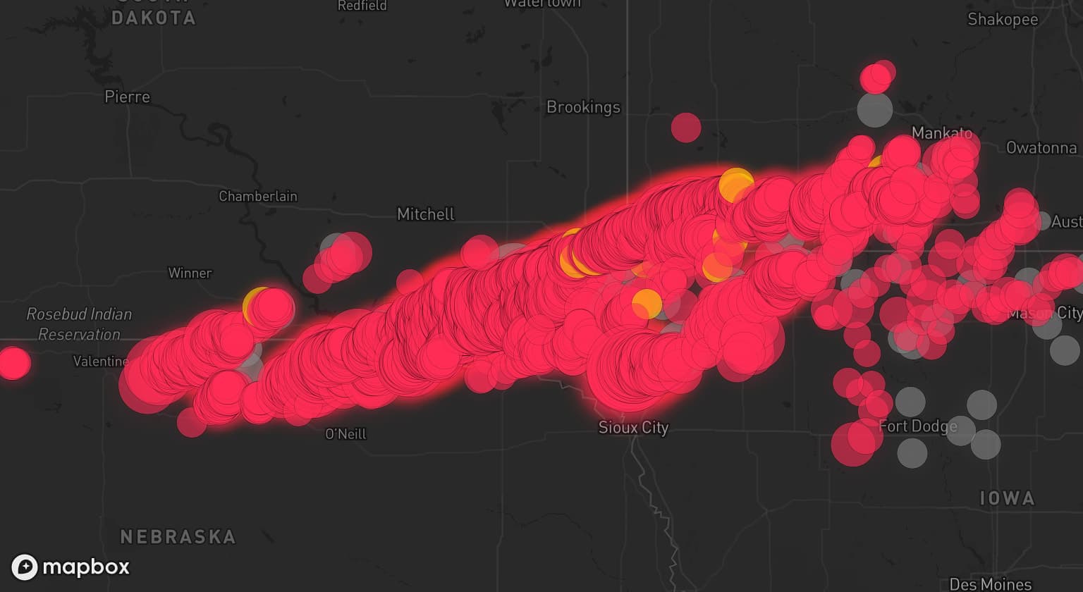 Storm map for 62 areas across Iowa, South Dakota, Minnesota, Nebraska, and Wisconsin