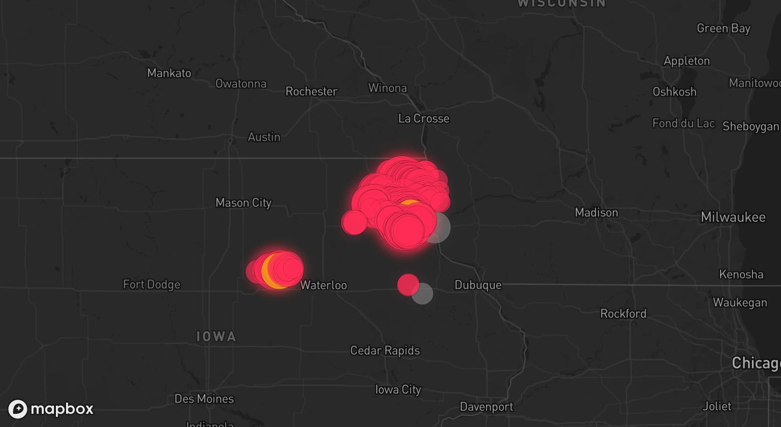 Storm map for 7 areas across Iowa and Wisconsin