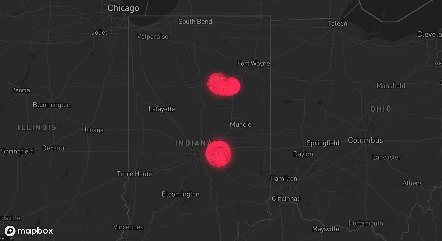 Storm map for 2 areas across Indiana