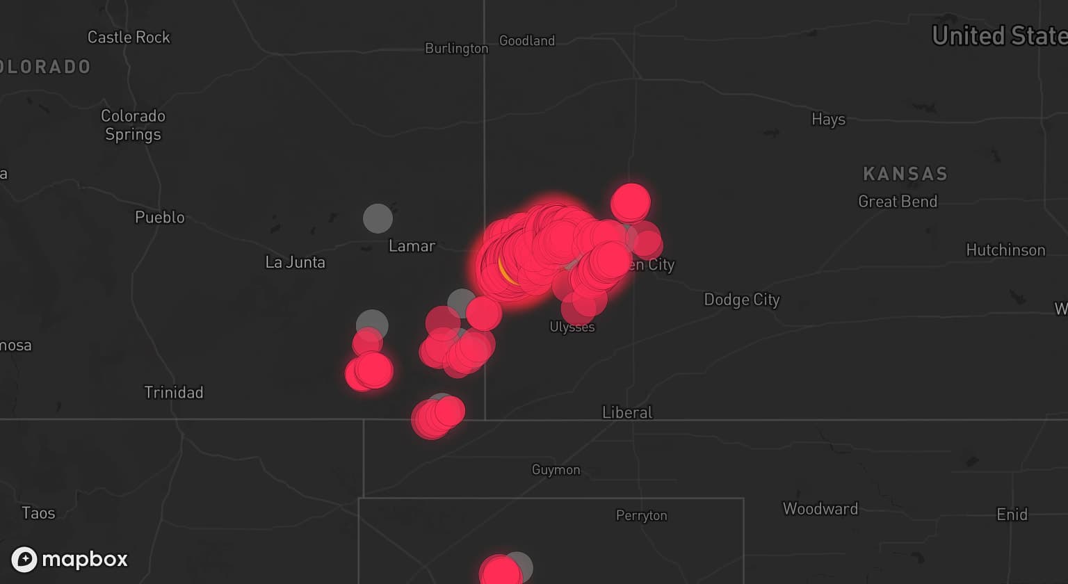 Storm map for 12 areas across Kansas, Texas, and Colorado