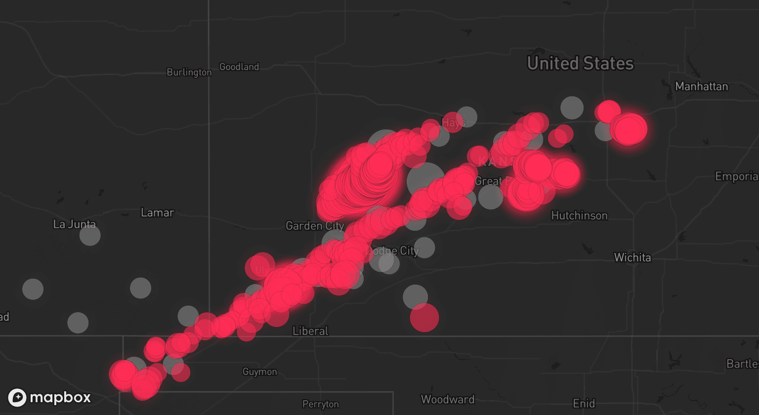 Storm map for 30 areas across Kansas, Oklahoma, Colorado, and Texas