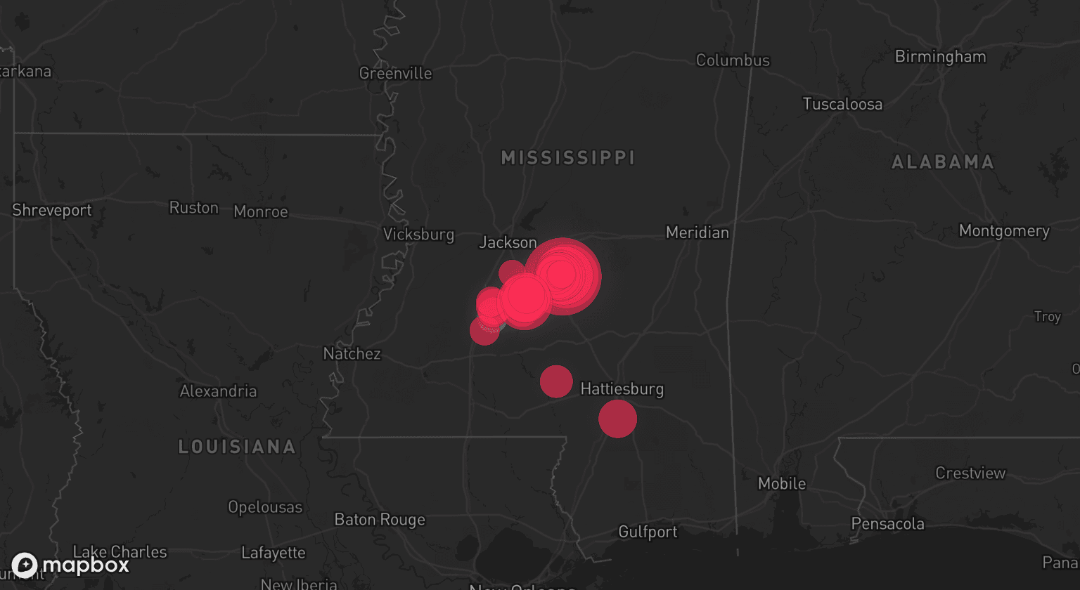 Storm map for 3 areas across Mississippi