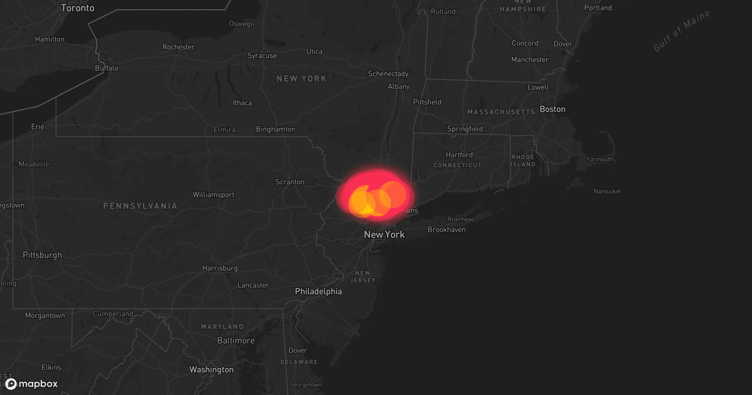 Storm map for 21 areas across Maryland, Pennsylvania, New Jersey, New York, Delaware, and Connecticut