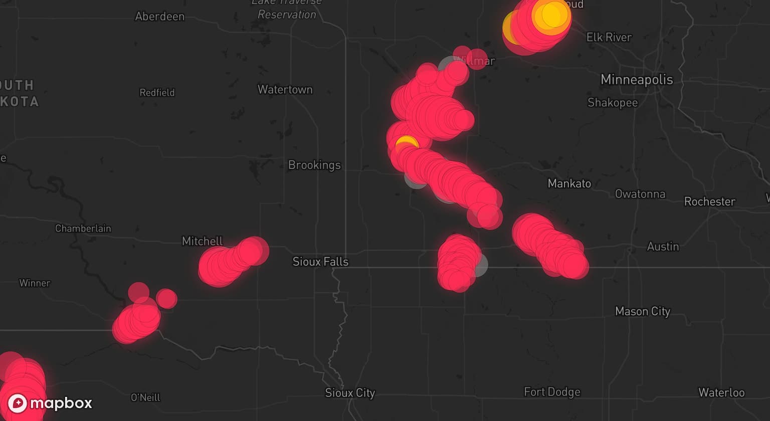 Storm map for 17 areas across Minnesota, Nebraska, and South Dakota