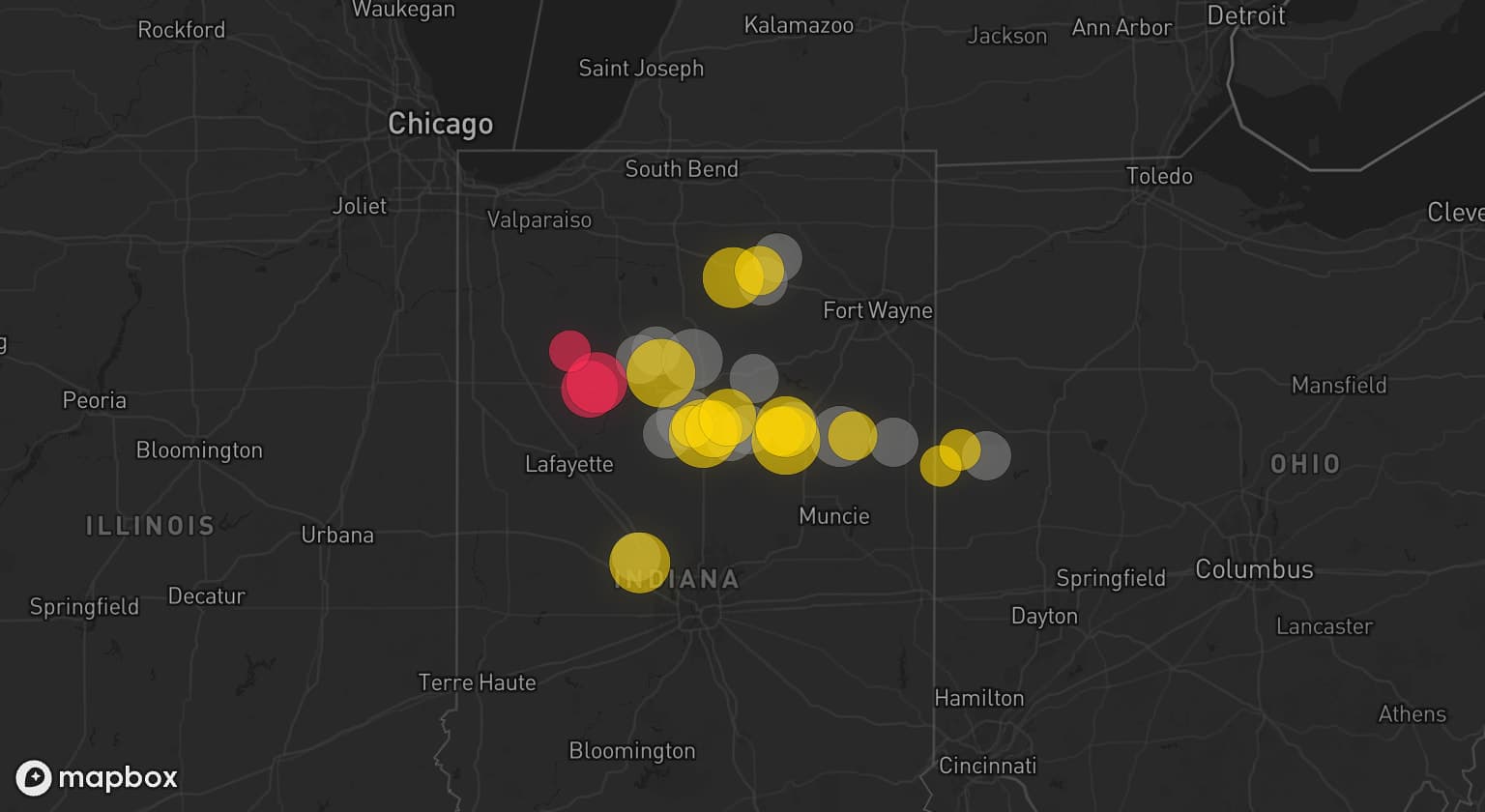 Storm map for 14 areas across Indiana and Ohio