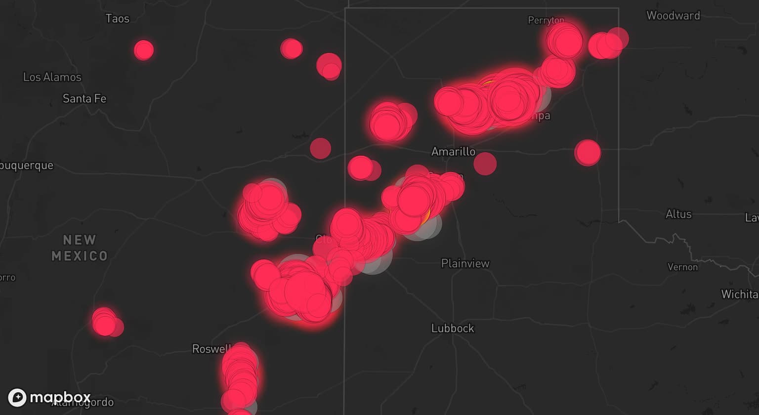 Storm map for 16 areas across Texas and New Mexico