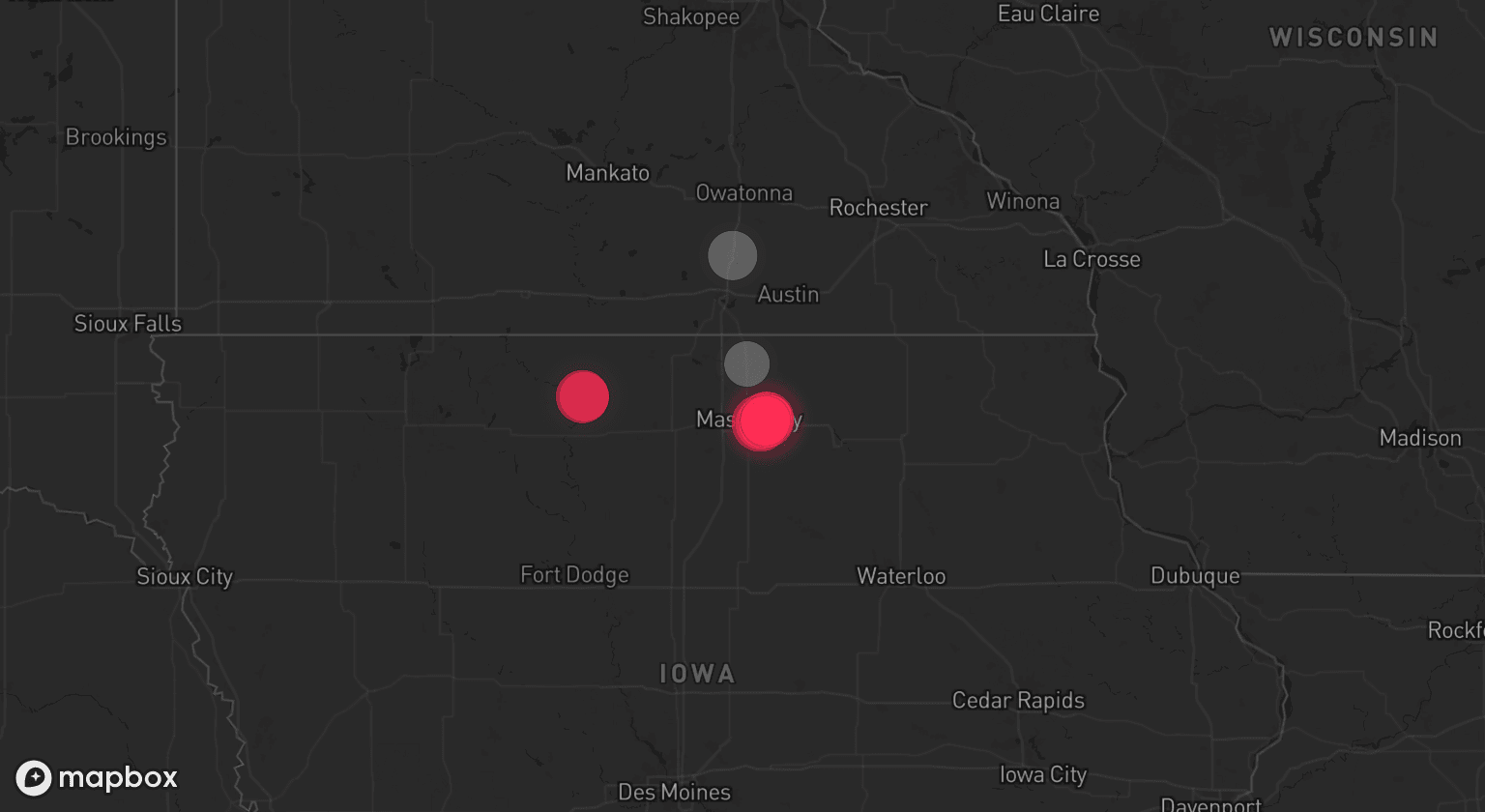Storm map for 2 areas across Minnesota and Iowa