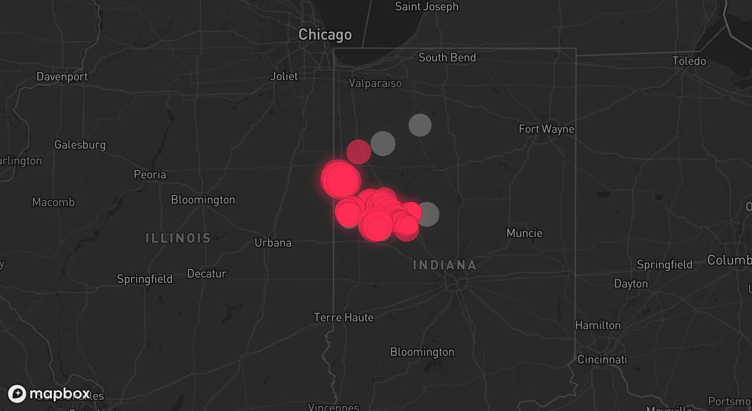 Storm map for 7 areas across Indiana