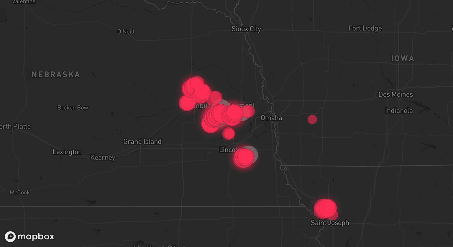 Storm map for 5 areas across Nebraska and Missouri