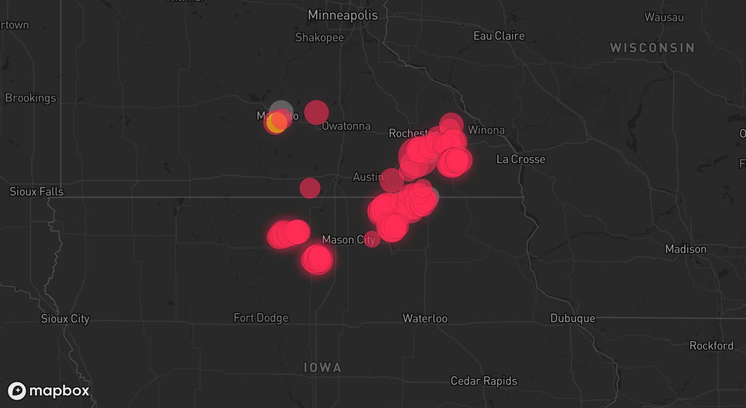 Storm map for 4 areas across Iowa and Minnesota