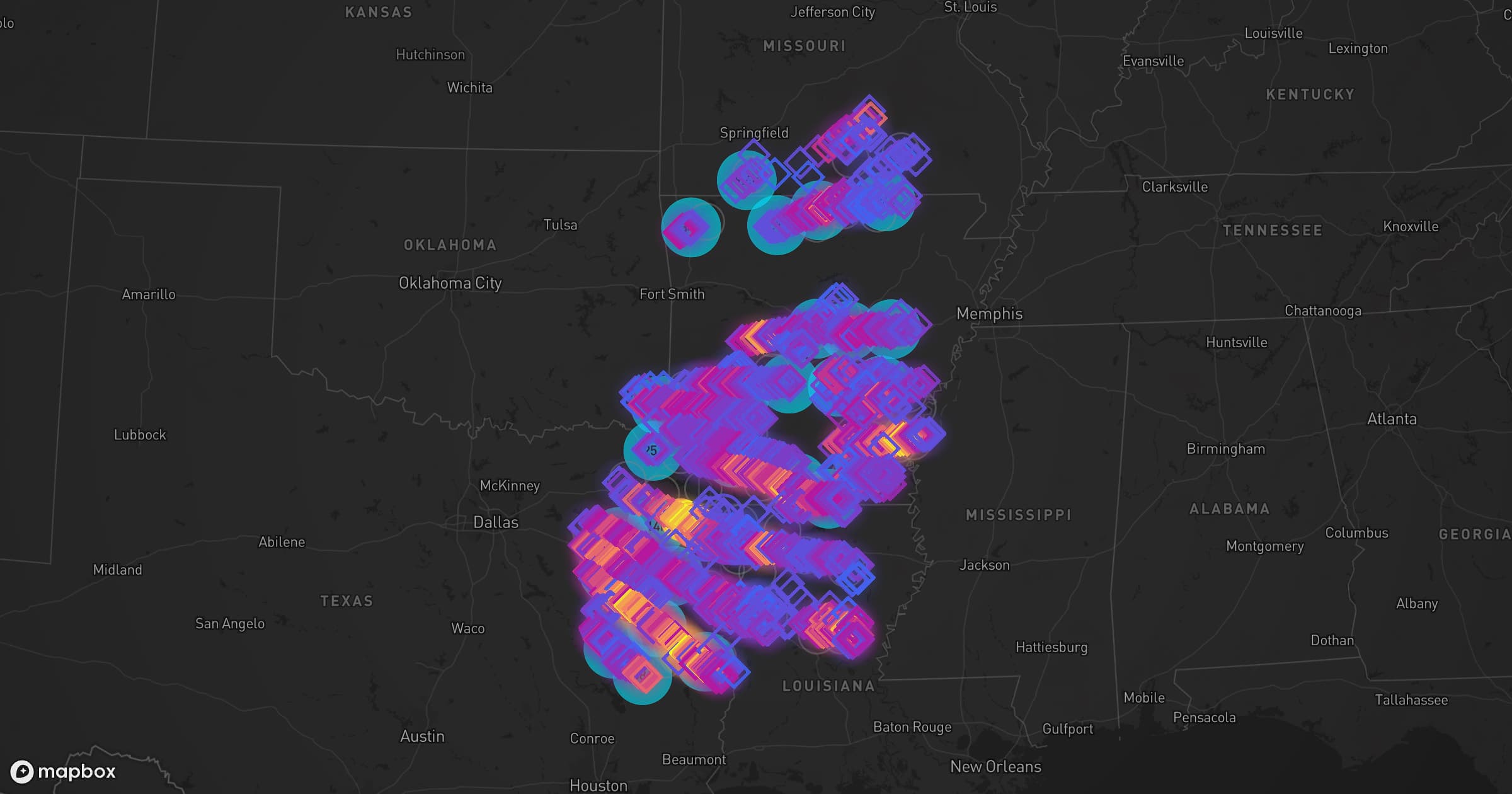 Storm map for 58 areas across Louisiana, Mississippi, Texas, Arkansas, and Missouri