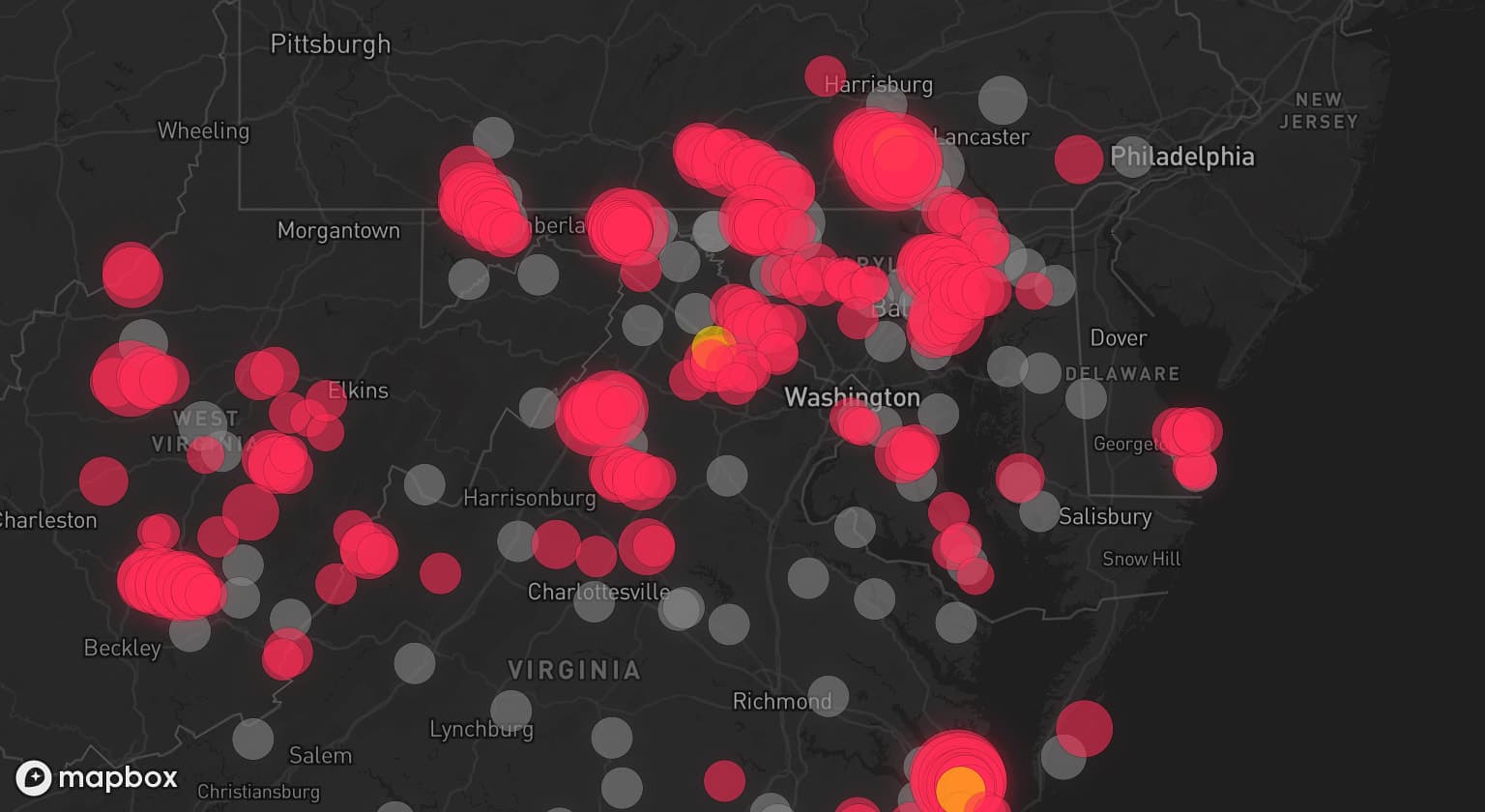 Storm map for 93 areas across Virginia, Pennsylvania, West Virginia, Maryland, New York, North Carolina, Delaware, and New Jersey