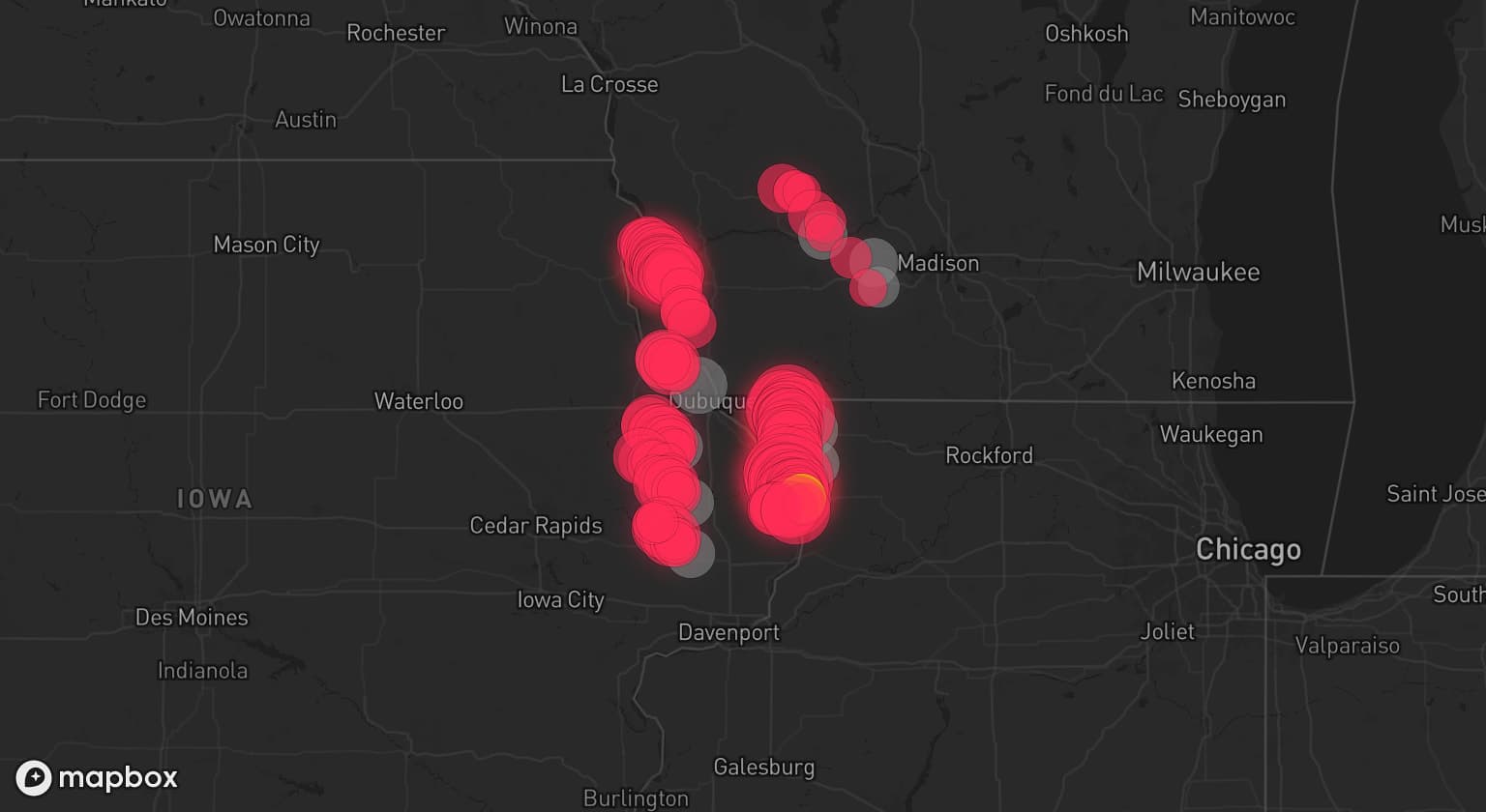 Storm map for 10 areas across Illinois, Iowa, and Wisconsin