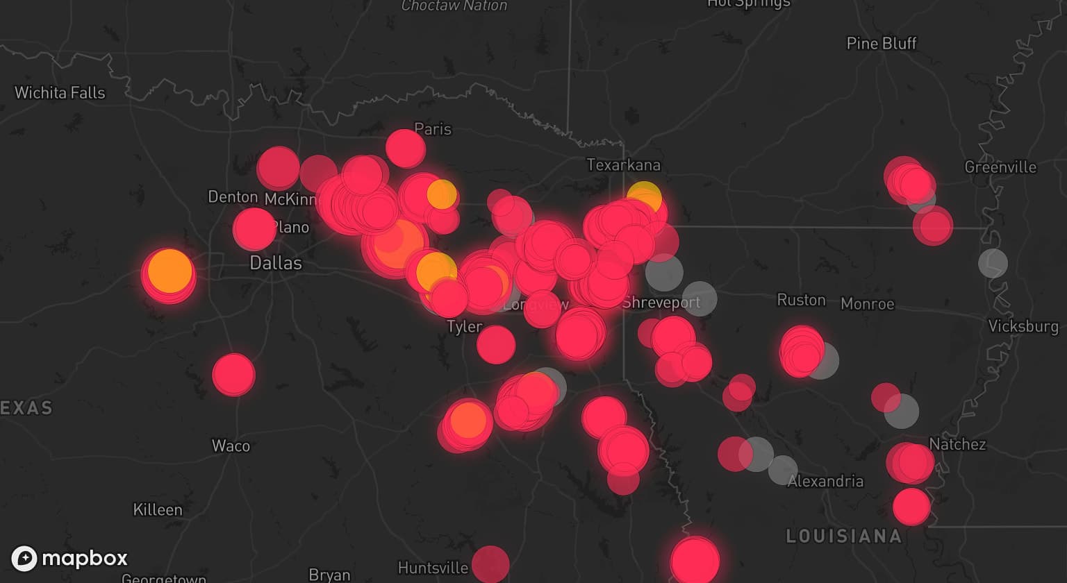 Storm map for 20 areas across Texas, Louisiana, Arkansas, and Mississippi