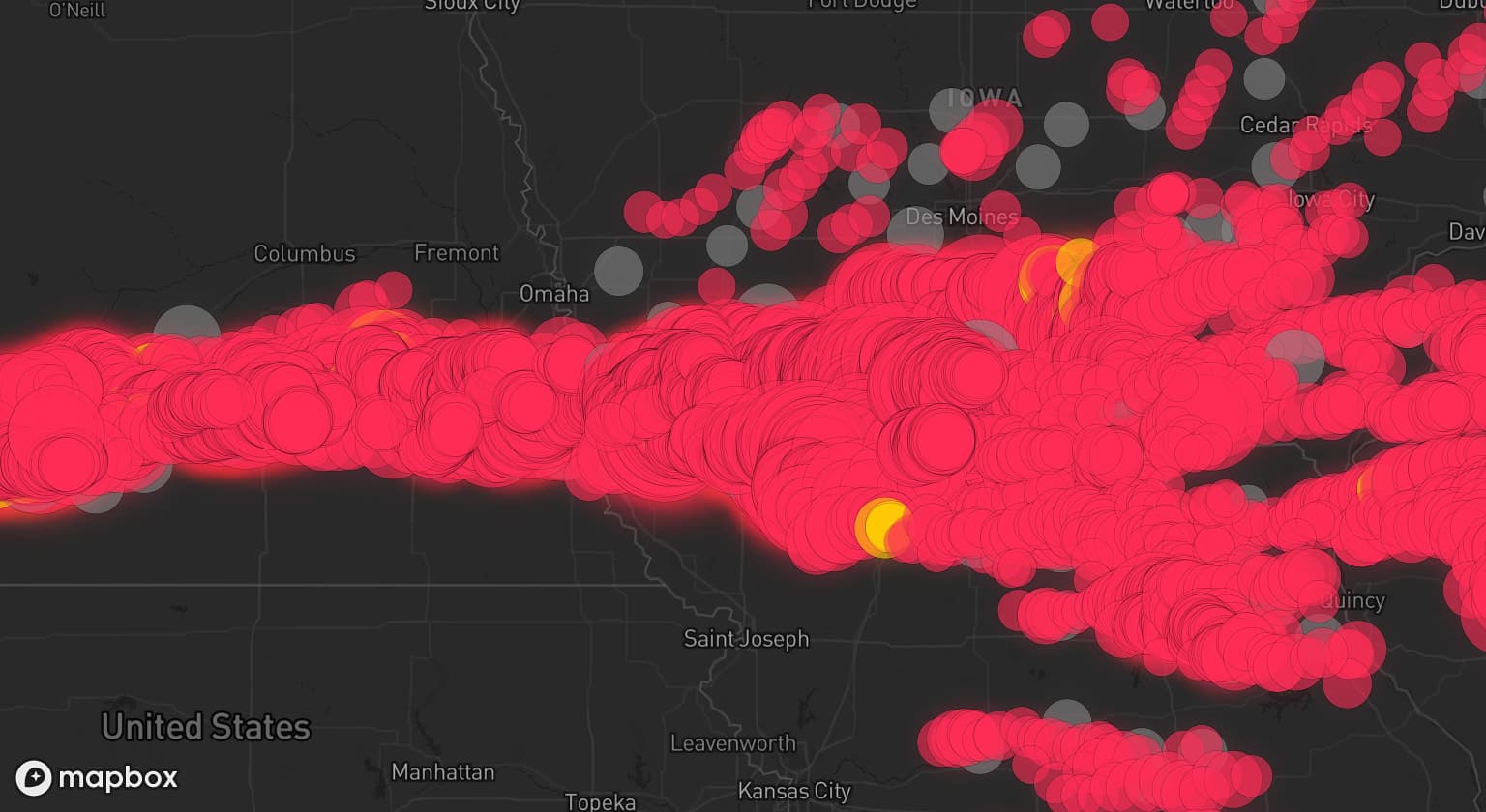 Storm map for 169 areas across Nebraska, Iowa, Illinois, Missouri, Wisconsin, and Indiana