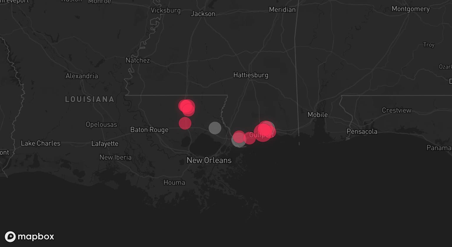 Storm map for 3 areas across Mississippi and Louisiana