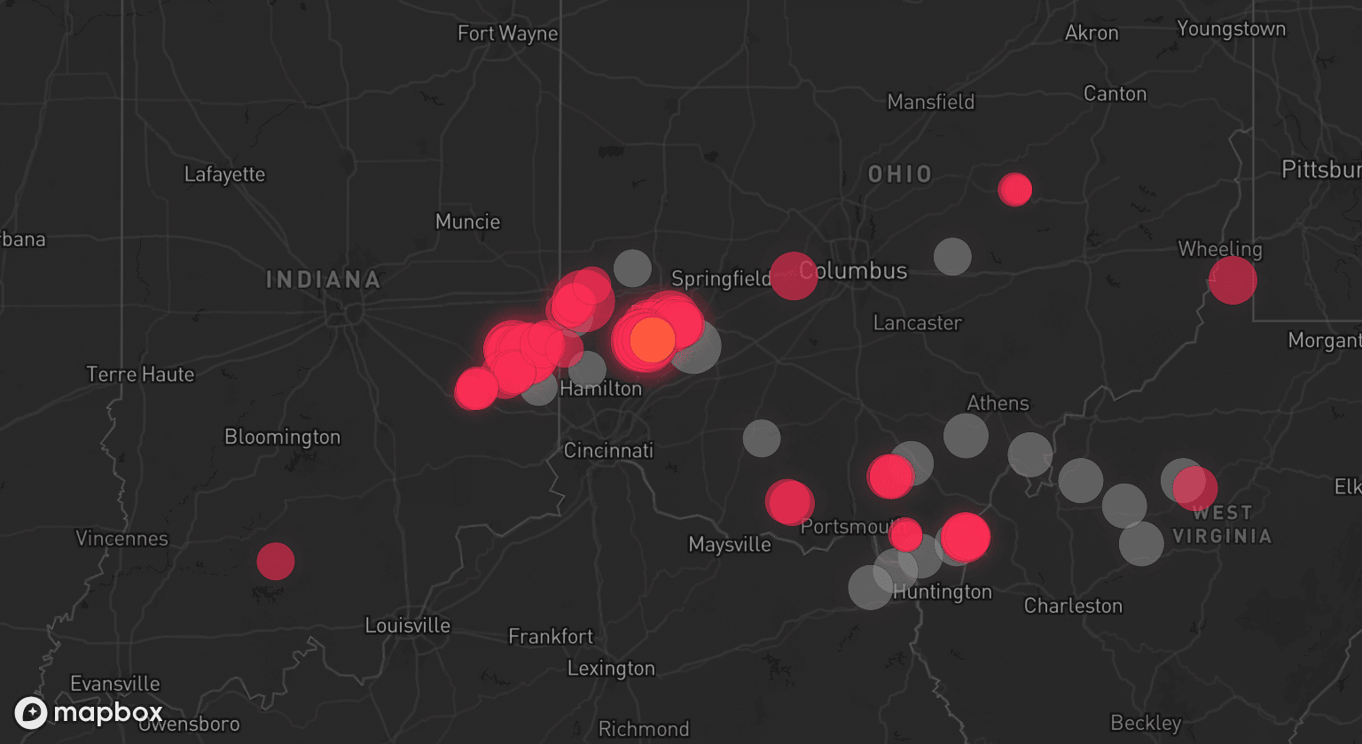 Storm map for 19 areas across Ohio, West Virginia, Kentucky, and Indiana