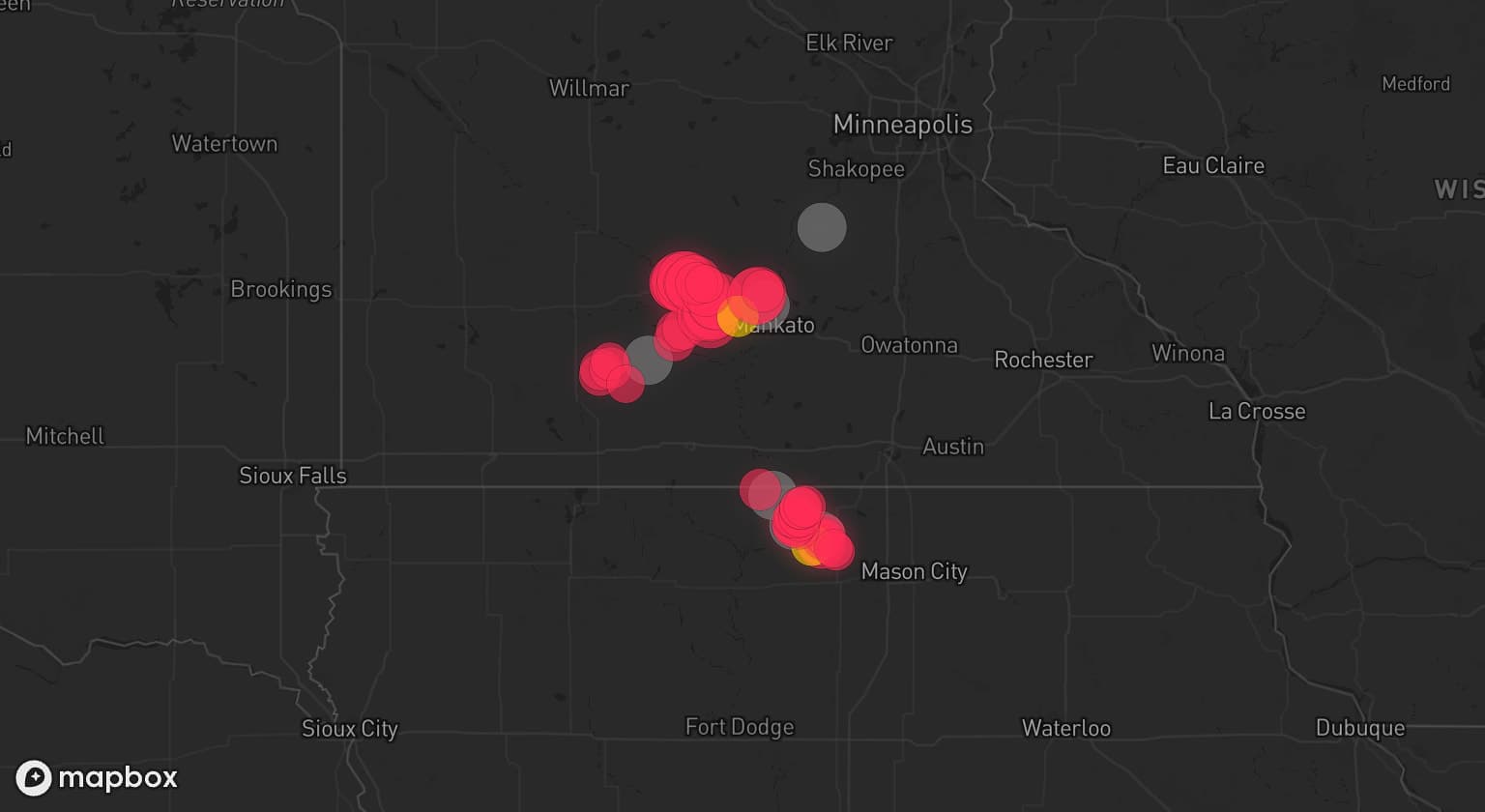 Storm map for 5 areas across Minnesota and Iowa