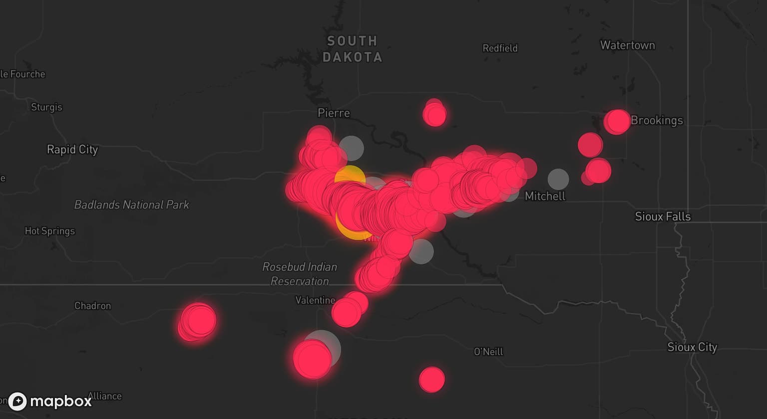 Storm map for 14 areas across South Dakota and Nebraska