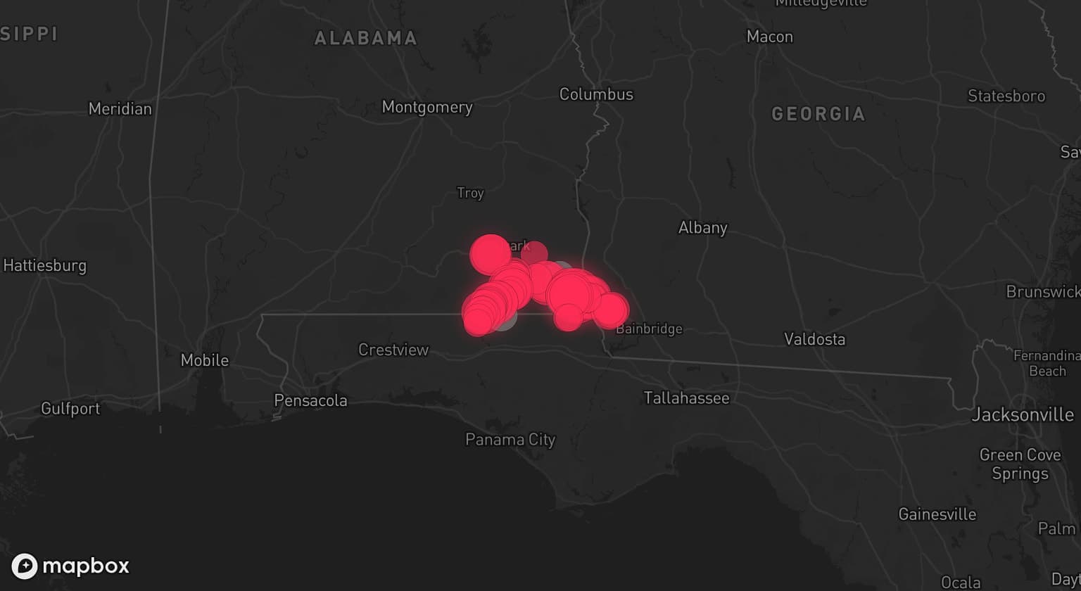 Storm map for 3 areas across Alabama and Florida