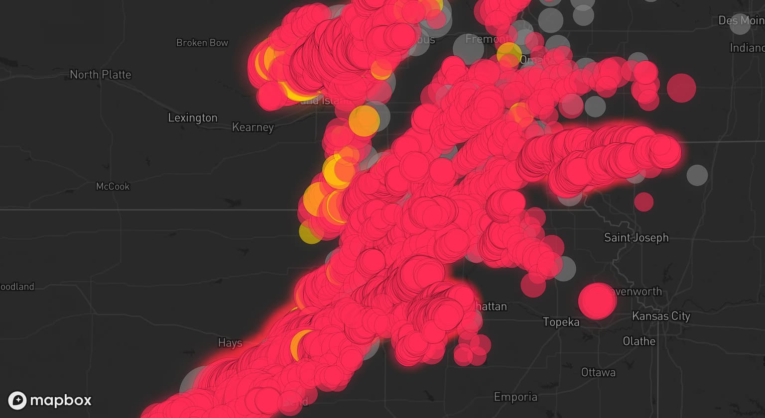 Storm map for 113 areas across Nebraska, Kansas, Iowa, and Missouri