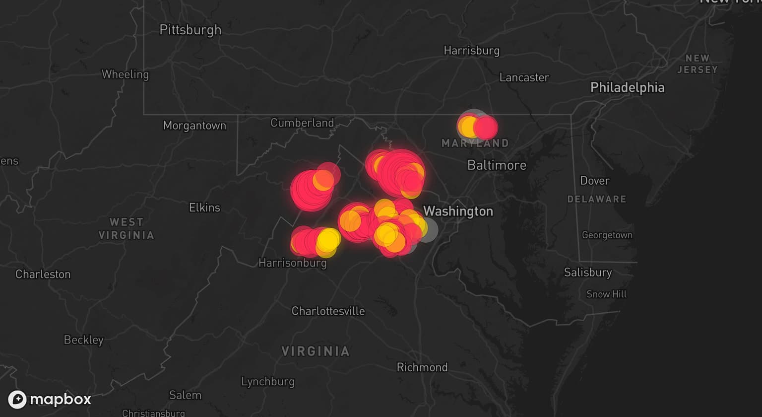 Storm map for 9 areas across Maryland, West Virginia, and Virginia